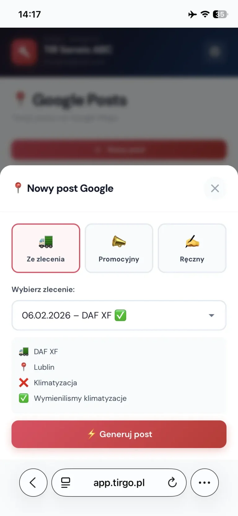 POST Generator dla mobilnych warsztatów TIR.